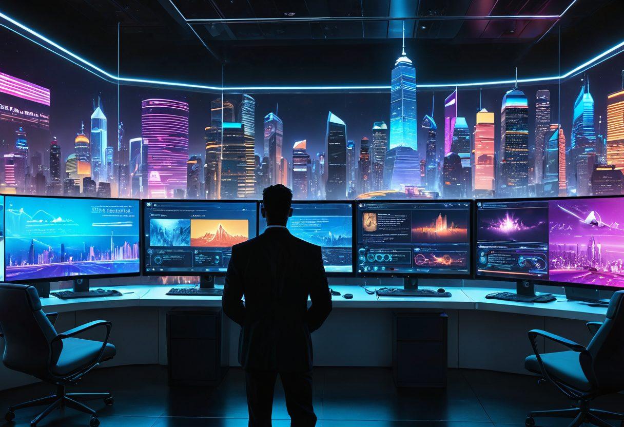 A futuristic scene depicting a digital landscape with diverse characters engaging with holographic insurance interfaces. Bright screens displaying policy options and coverage benefits amidst a city skyline in the background, symbolizing innovation in virtual insurance services. The vibe is optimistic and high-tech, showcasing people of different backgrounds seamlessly navigating their insurance needs. cyberpunk. vibrant colors. 3D.