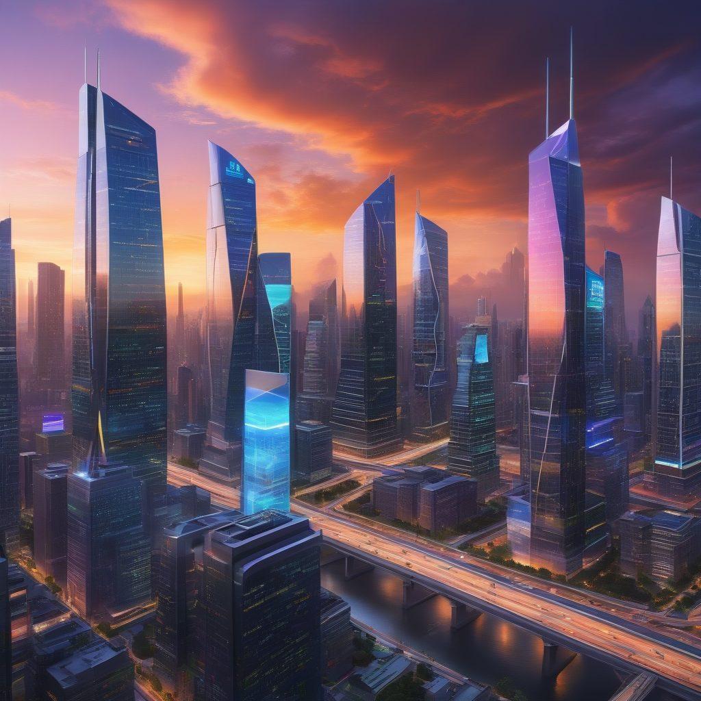 A futuristic city skyline blending with digital interfaces representing various forms of insurance options. Include people interacting with holographic displays showing affordable coverage plans, while drones deliver policies to homes. The scene should evoke a sense of hope and progress in the insurance industry. Bright colors, sleek design, and a vibrant sunset to symbolize a new dawn in digital insurance. super-realistic. vibrant colors. 3D.